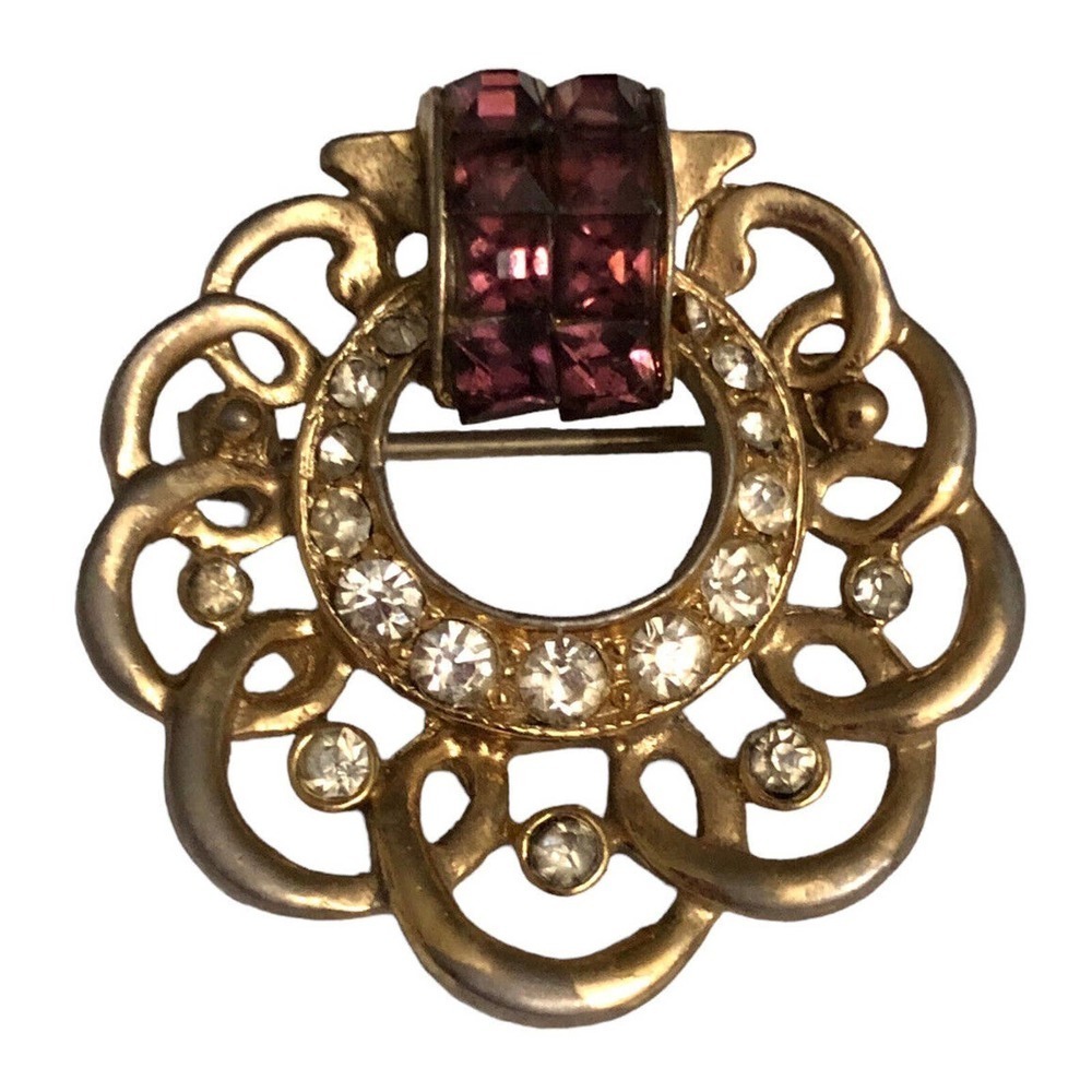 Vintage Gold Tone Amethyst Clear Rhinestone Crystal Wreath Circular Brooch Pin